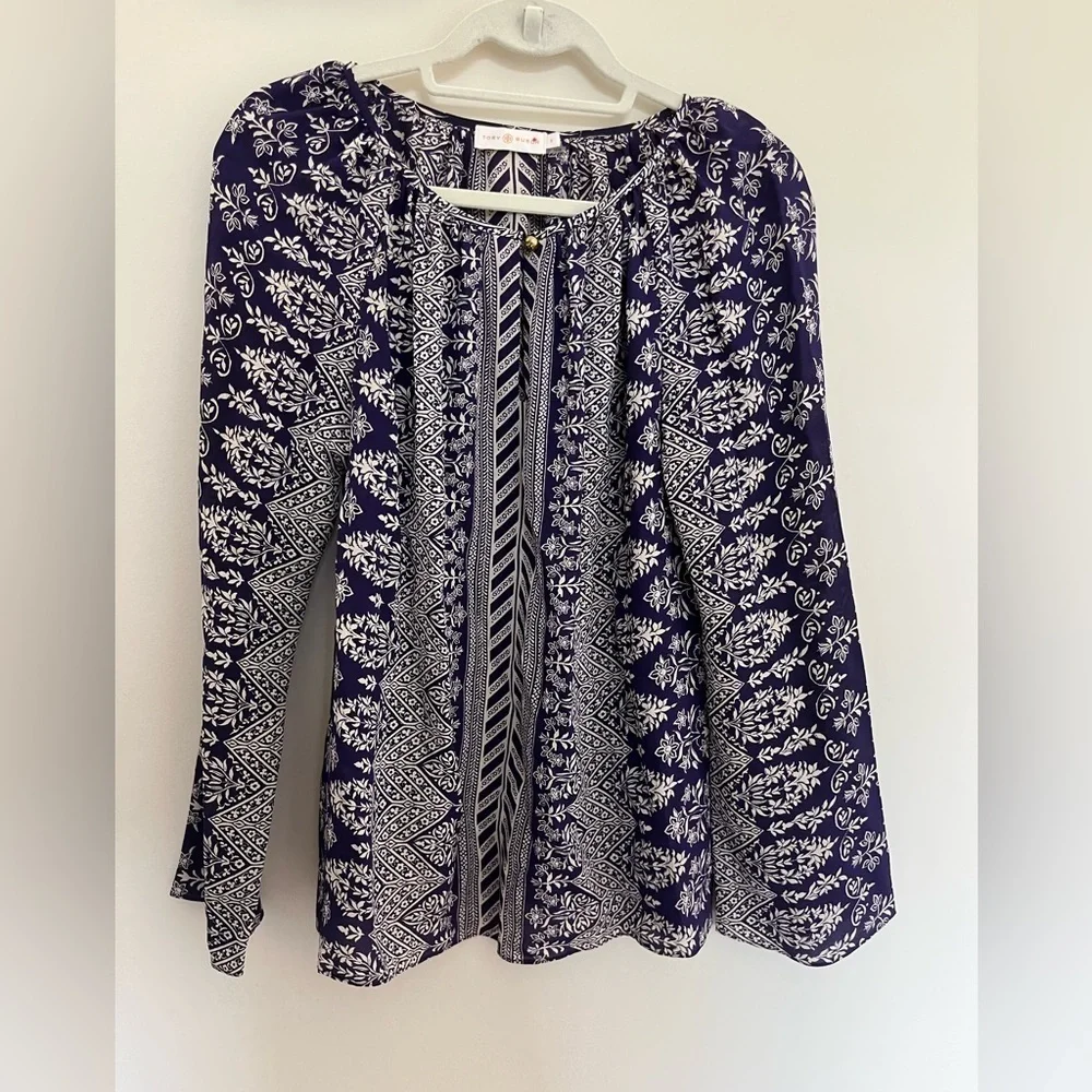 Tory Burch Silk Printed Blouse Navy Off White Size 6 Long Sleeve